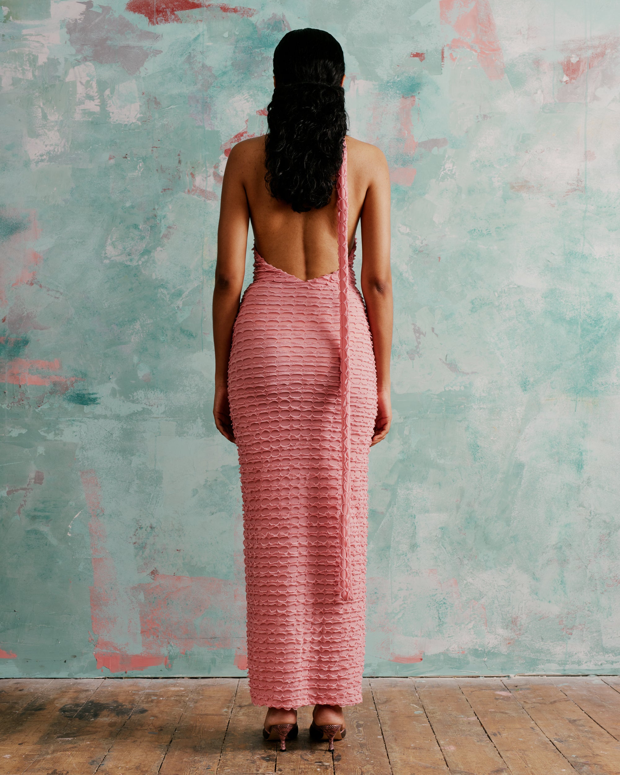 Summer halter neck wrap maxi dress with an open back and high split