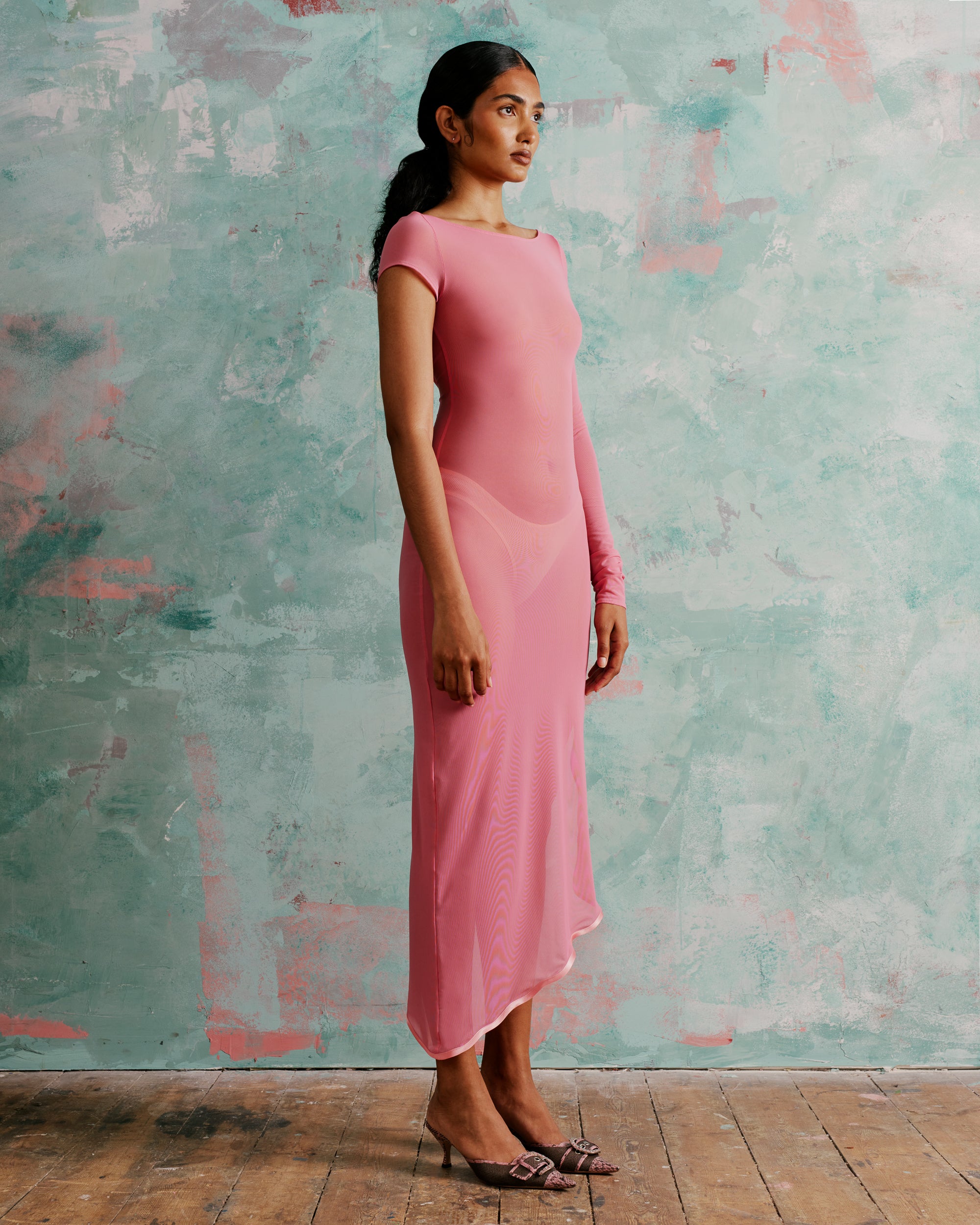 Sheer asymmetric summer dress with a side split in pink- perfect mesh dress for every occasion