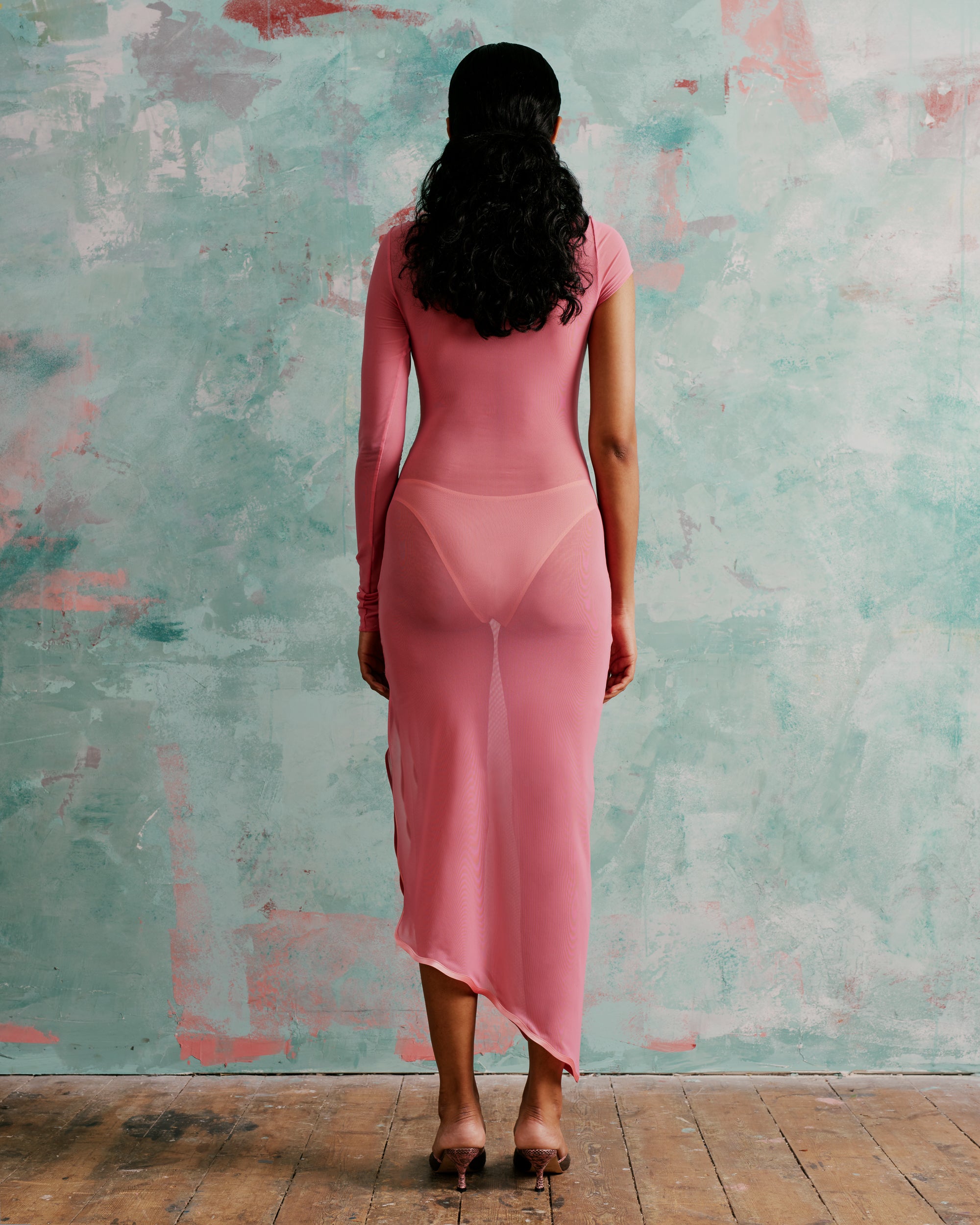 Sheer asymmetric summer dress with a side split in pink- perfect mesh dress for every occasion