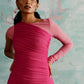  Ruched one shoulder mini dress in fuchsia pink, draped mesh dress