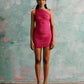 Ruched one shoulder mini dress in fuchsia pink, draped mesh dress 