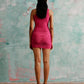  Ruched one shoulder mini dress in fuchsia pink, draped mesh dress