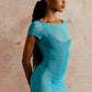Sheer asymmetric summer dress with a side split in turquoise- perfect mesh dress for vacation and clubbing
