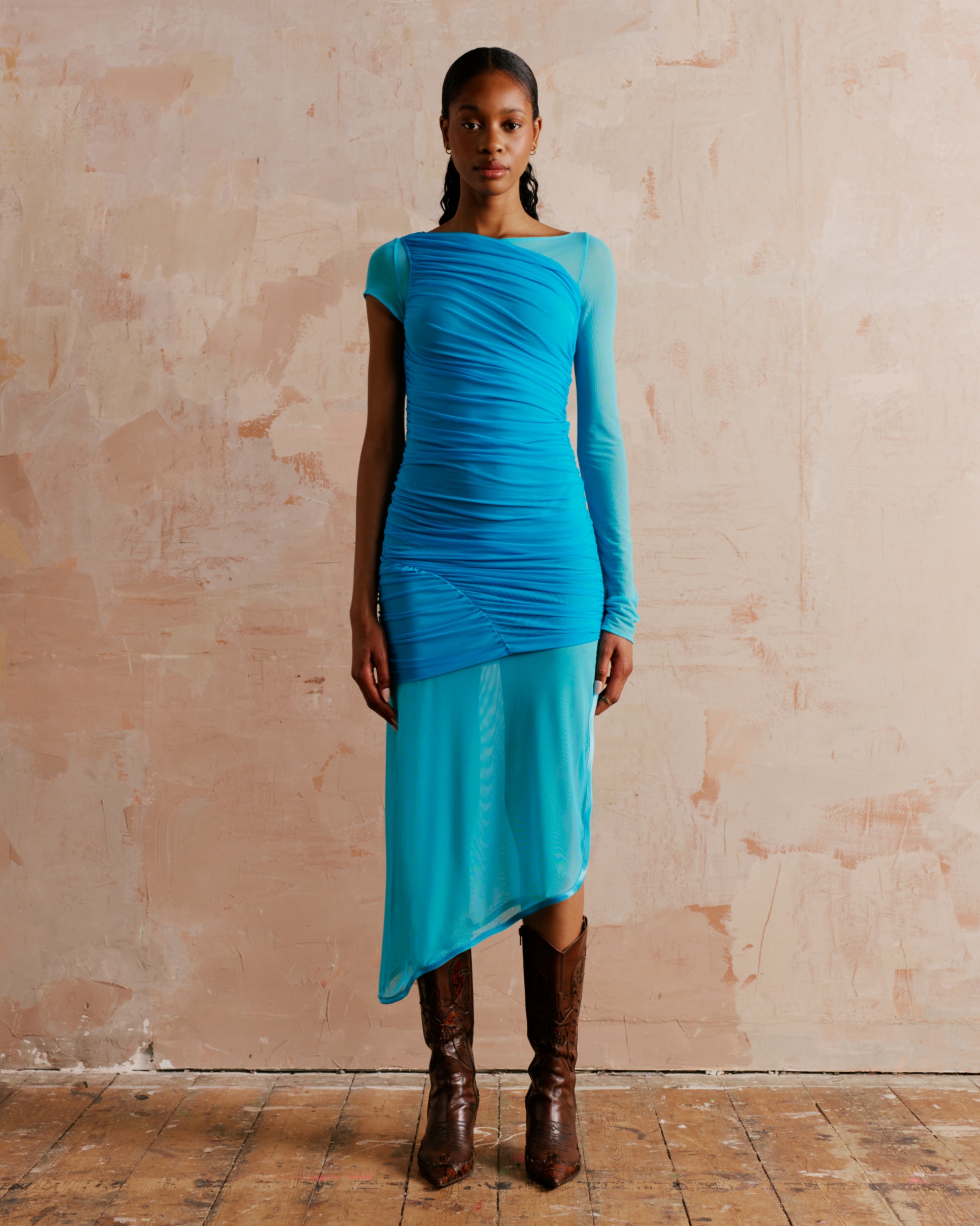 Ruched one shoulder mini dress in turquoise, draped mesh dress